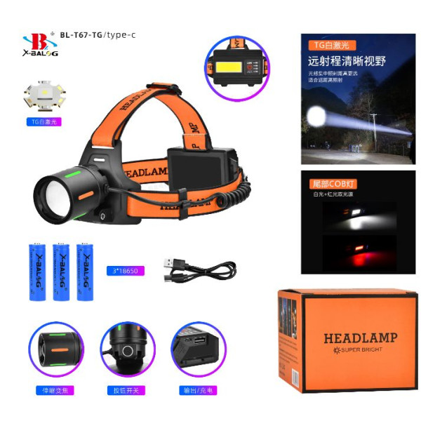 Ліхтар Налобний NIGHT VISION FLUORESCENCE BL-T67-TG+COB White+Red 3x18650 1 Режим Power Bank ЗП Type-C Zoom