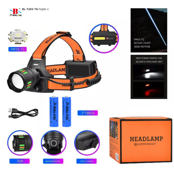 Ліхтар Налобний NIGHT VISION FLUORESCENCE BL-T203-TG+COB White+Red 2x18650 1 Режим ЗП Type-C Zoom