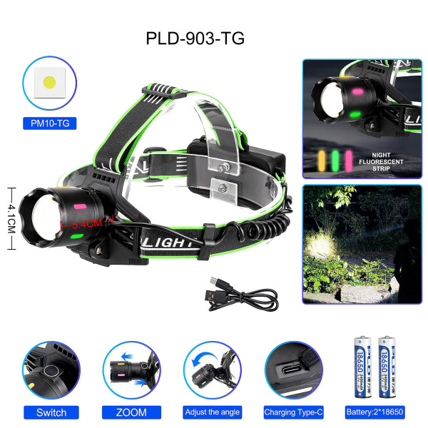 Ліхтар Налобний NIGHT VISION FLUORESCENCE PLD-903-TG 1 Режим 2x18650 ЗП Type-C Zoom Ліхтар Налобний NIGHT VISION FLUORESCENCE PLD-903-TG 1 Режим 2x18650 ЗП Type-C Zoom