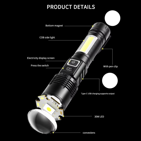 Ліхтар COB18-WHITE LASER LED PM10-TG+COB 1x18650 Power Bank Магніт ЗУ Type-C Zoom Ліхтар COB18-WHITE LASER LED PM10-TG+COB 1x18650 Power Bank Магніт ЗУ Type-C Zoom