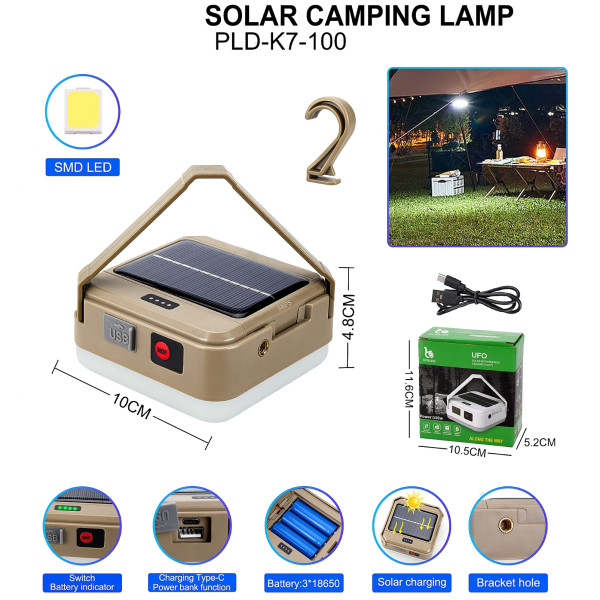 Ліхтар Кемпінг DP-K7-100 3х18650 Сонячна Панель Power Bank ЗП Type-C Гачок Ліхтар Кемпінг DP-K7-100 3х18650 Сонячна Панель Power Bank ЗП Type-C Гачок