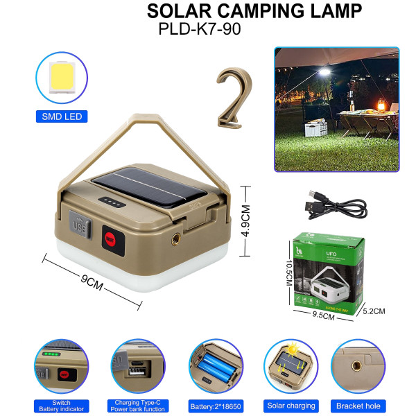 Ліхтар Кемпінг DP-K7-90 2х18650 Сонячна Панель Power Bank ЗП Type-C Гачок Ліхтар Кемпінг DP-K7-90 2х18650 Сонячна Панель Power Bank ЗП Type-C Гачок