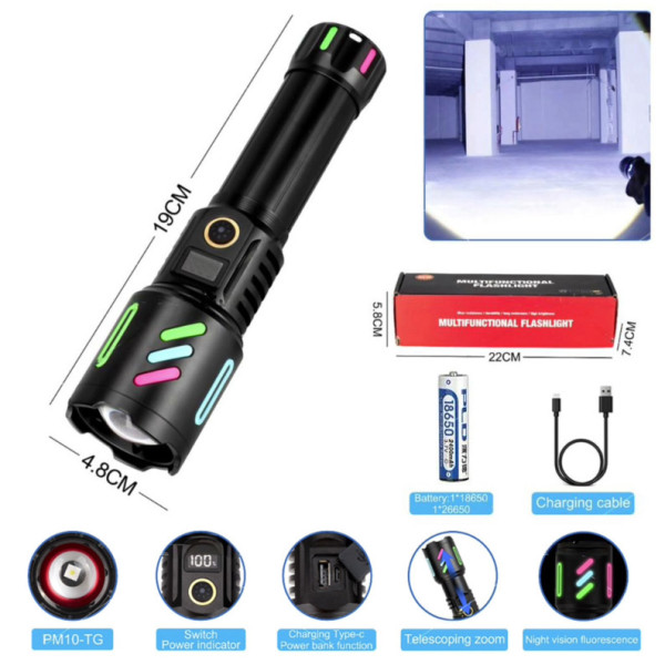 Ліхтар NIGHT VISION FLUORESCENCE 1143-WHITE LASER LED PM10-TG 1x26650 Power Bank ЗУ Type-C Zoom Ліхтар NIGHT VISION FLUORESCENCE 1143-WHITE LASER LED PM10-TG 1x26650 Power Bank ЗУ Type-C Zoom