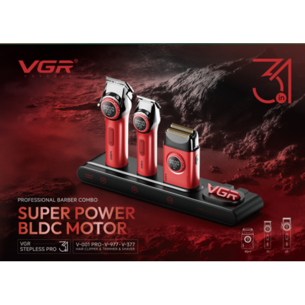 Комплект VGR STEPLERSS PRO 3 IN 1 RED, машинка для стрижки (Clipper), триммер, электробритва
