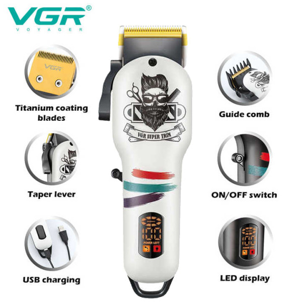 Аккумуляторная машинка для стрижки (clipper) VGR V-699 WHITE, 4 насадки, LED display