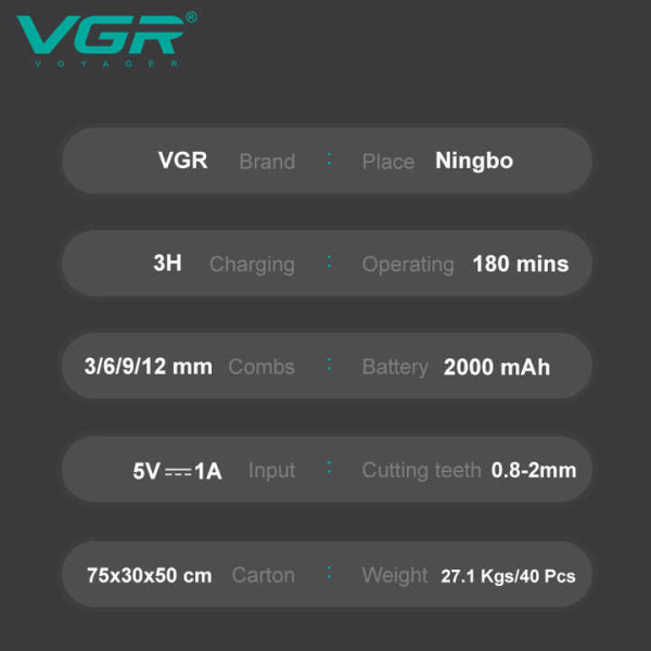 Аккумуляторная машинка для стрижки (clipper) VGR V-699 WHITE, 4 насадки, LED display