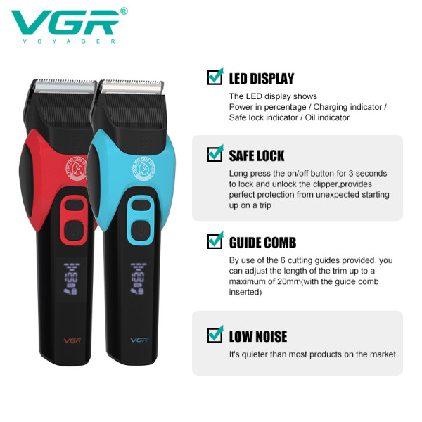 Акумуляторна машинка для стриження тварин VGR V-208, 6 насадок, LED display