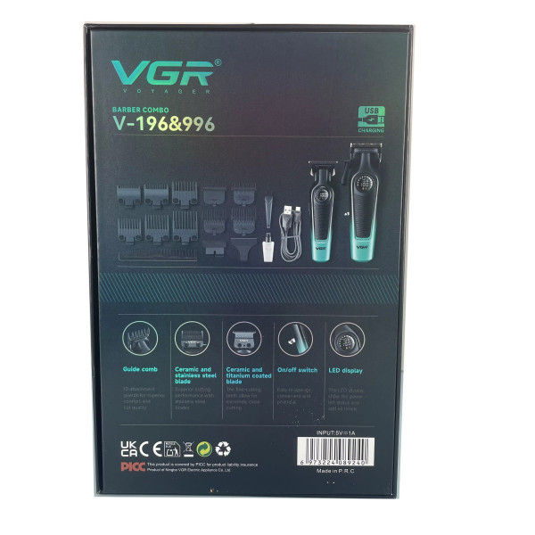 Комплект VGR 2 в 1 V-196&996 GREEN, аккумуляторная машинка для стрижки (clipper) и триммер