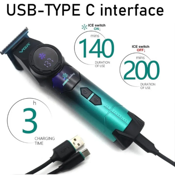 Тример VGR V-946 з Технологією Охолодження ICE TECHNOLOGY 4 Насадки 8000 RPM 3000 mAh LED Display Тример VGR V-946 з Технологією Охолодження ICE TECHNOLOGY 4 Насадки 8000 RPM 3000 mAh LED Display