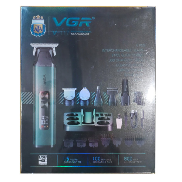 Набор для стрижки VGR 6 в 1 V-117 GREEN, 14 насадок, LED Display