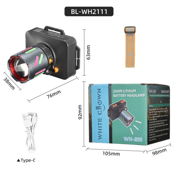 Ліхтар налобний NIGHT VISION FLUORESCENCE WH-2111-TG, IPX44, Li-Ion аккум., ЗУ Type-C, zoom, Box