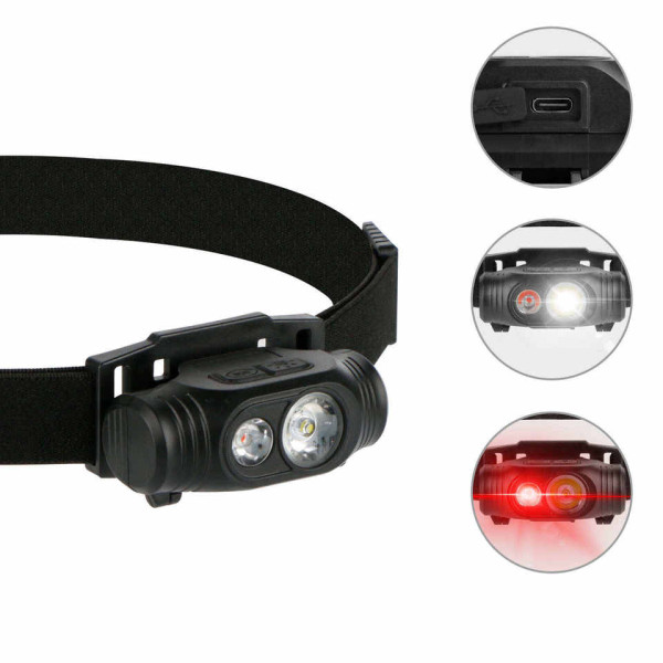 Фонарь налобный 6670-COB(White)+SMD(Red), ЗУ Type-C, 1x14500, Box