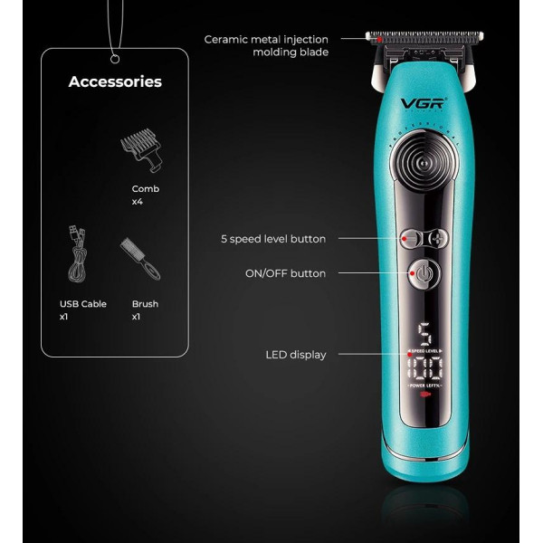 Тример VGR V-299 BLACK 4 Насадки 9000RPM 2000 mAh 5 Рівнів Швидкості LED Display Тример VGR V-299 BLACK 4 Насадки 9000RPM 2000 mAh 5 Рівнів Швидкості LED Display