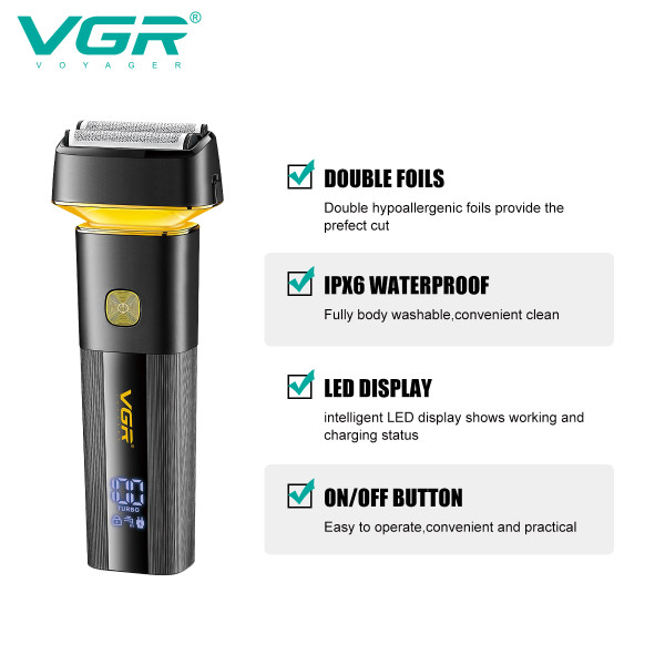 Електробритва VGR V-355 шейвер, подвійне лезо, висувний тример, LED display
