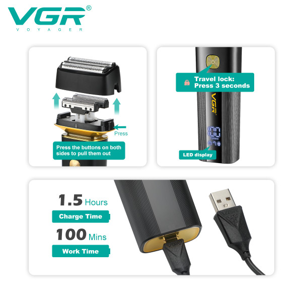 Електробритва VGR V-355 шейвер, подвійне лезо, висувний тример, LED display