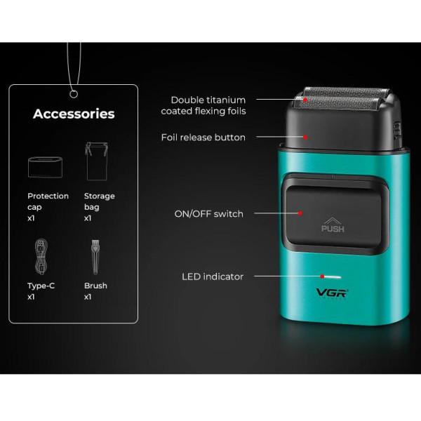 Електробритва VGR V-307 GREEN Шейвер Подвійне Лезо 2000mAh 9000 RPM Електробритва VGR V-307 GREEN Шейвер Подвійне Лезо 2000mAh 9000 RPM