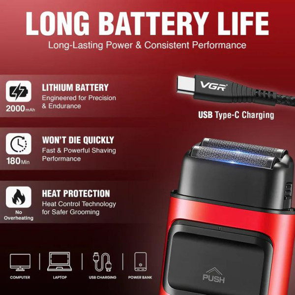 Електробритва VGR V-307 RED Шейвер Подвійне Лезо 2000mAh 9000 RPM Електробритва VGR V-307 RED Шейвер Подвійне Лезо 2000mAh 9000 RPM