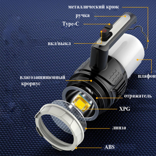 Ліхтар Портативний CH-22031-XPG+LED White+Yellow Li-Ion Акумулятор ЗУ Type-C Box