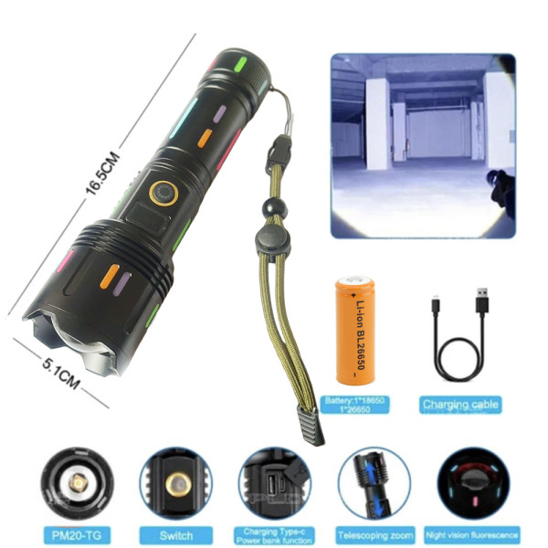 Ліхтар NIGHT VISION FLUORESCENCE G671/G25 WHITE LASER LED PM30-TG 1х26650/3xAAA Power Bank ЗУ Type-C Zoom Box