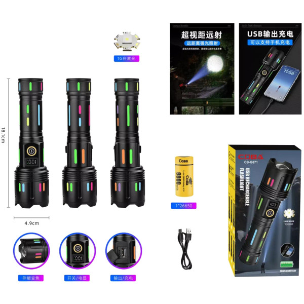 Ліхтар NIGHT VISION FLUORESCENCE G671/G25 WHITE LASER LED PM30-TG 1х26650/3xAAA Power Bank ЗУ Type-C Zoom Box