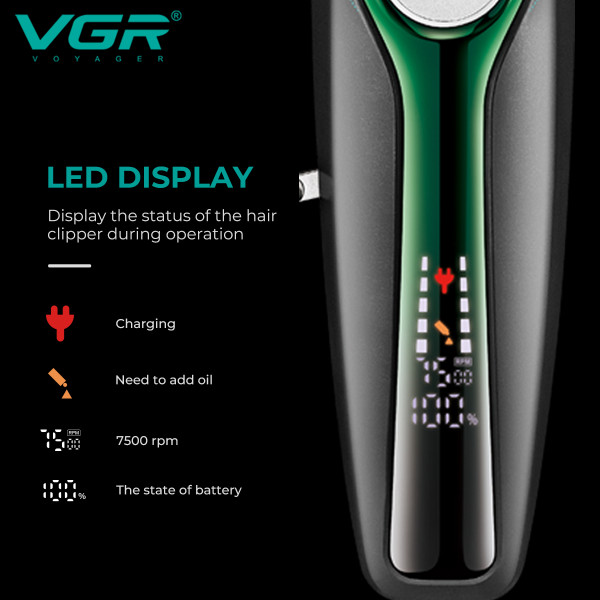 Акумуляторна Машинка Для Стрижки VGR V-010 GREEN 6 Насадок 7500 RPM 2600 mAh LED Display Акумуляторна Машинка Для Стрижки VGR V-010 GREEN 6 Насадок 7500 RPM 2600 mAh LED Display