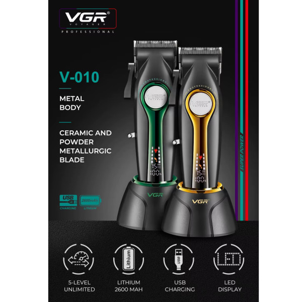 Акумуляторна Машинка Для Стрижки VGR V-010 GREEN 6 Насадок 7500 RPM 2600 mAh LED Display Акумуляторна Машинка Для Стрижки VGR V-010 GREEN 6 Насадок 7500 RPM 2600 mAh LED Display