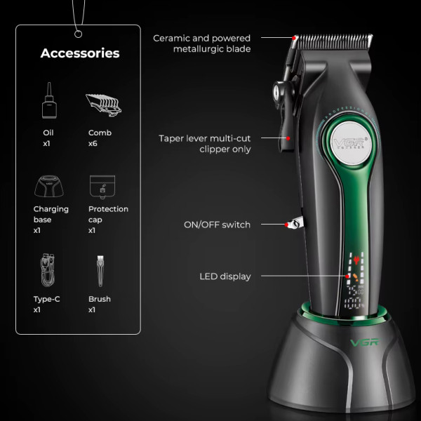 Акумуляторна Машинка Для Стрижки VGR V-010 GREEN 6 Насадок 7500 RPM 2600 mAh LED Display Акумуляторна Машинка Для Стрижки VGR V-010 GREEN 6 Насадок 7500 RPM 2600 mAh LED Display