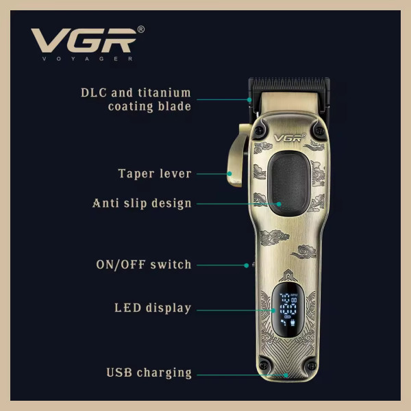 Акумуляторна Машинка Для Стрижки VGR V-027 8 Насадок 7000 RPM 2600 mAh LED Display