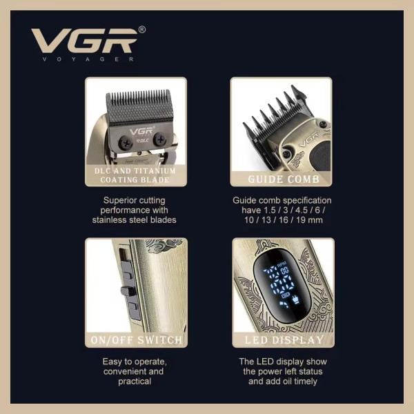 Акумуляторна Машинка Для Стрижки VGR V-027 8 Насадок 7000 RPM 2600 mAh LED Display