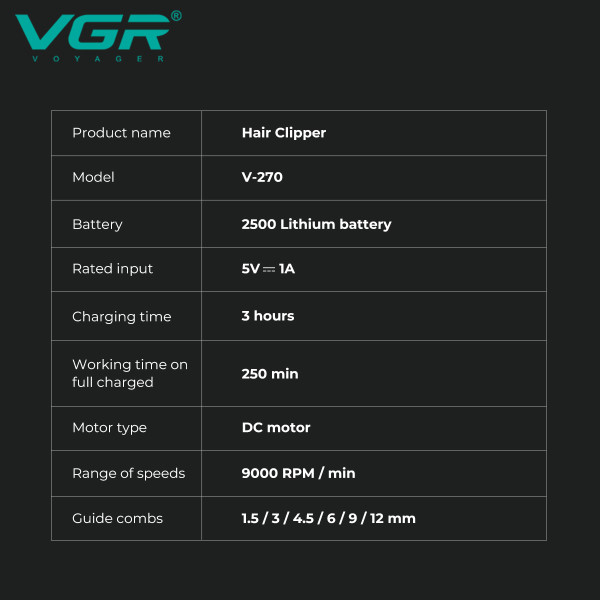Акумуляторна Машинка Для Стрижки VGR V-270 6 Насадок 9000 RPM 2500 mAh LED Display