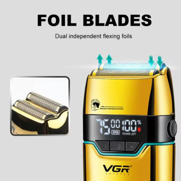Электробритва VGR V-350 GOLD шейвер, двойное лезвие,  2 насадки, LED Display