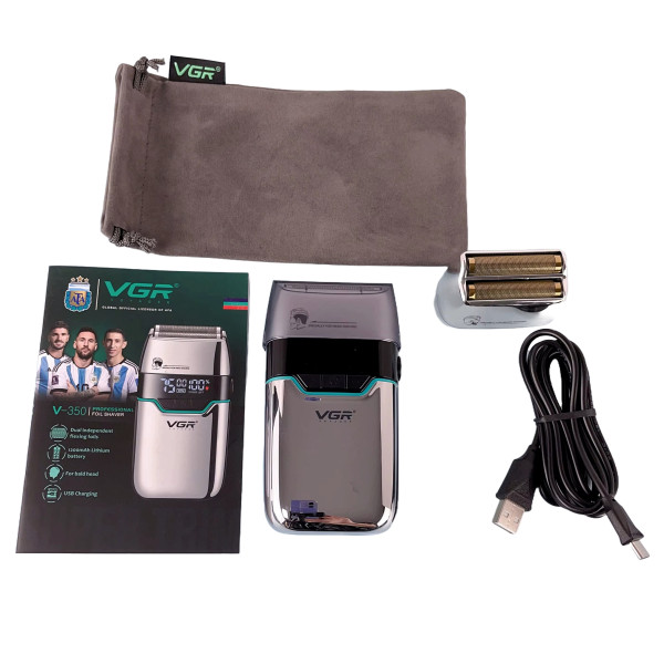 Электробритва VGR V-350 SILVER шейвер, двойное лезвие, 2 насадки, LED Display