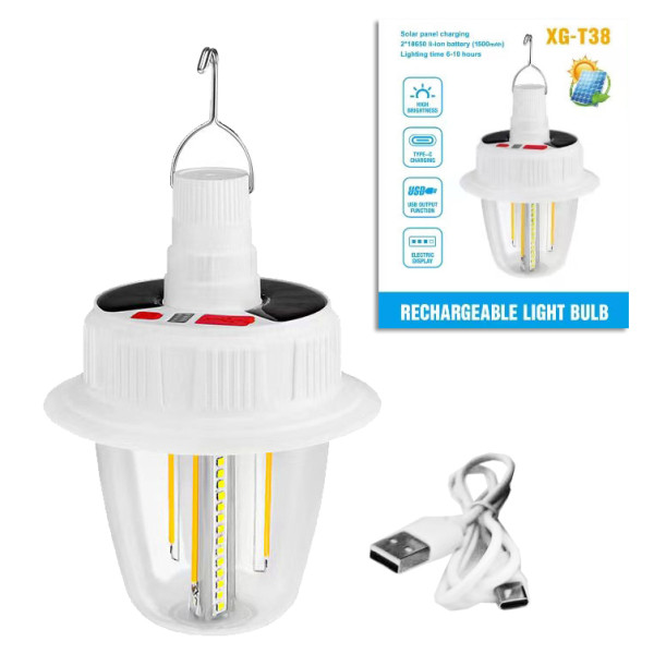 Світлодіодна LED Лампа з Акумулятором T38-COB+SMD RGB 2x18650 Сонячна Батарея Гачок ЗП Type-C Світлодіодна LED Лампа з Акумулятором T38-COB+SMD RGB 2x18650 Сонячна Батарея Гачок ЗП Type-C