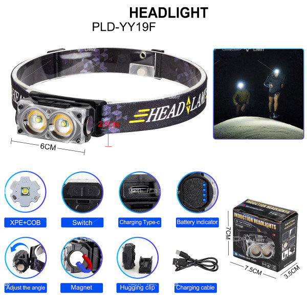 Ліхтар Налобний YY-19F-2XPE White + 2COB Yellow Li-Ion Акумулятор ЗП Type-C Магніт Box