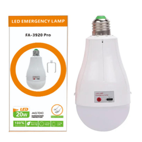 Світлодіодна LED Лампочка з Акумулятором FA-3920 Pro 20W E27 2x18650 Ковпачок-Кемпінг