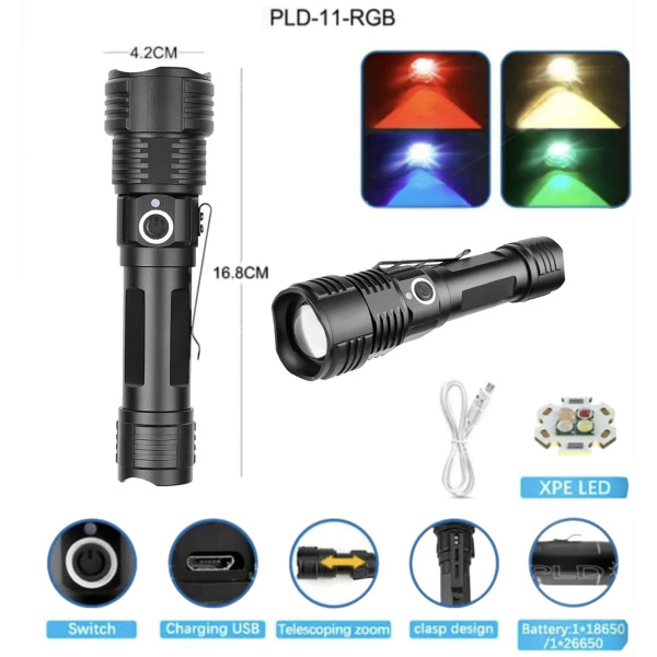 Ліхтар PLD-11-4XPE RGB 1х18650 ЗУ microUSB Zoom Box Ліхтар PLD-11-4XPE RGB 1х18650 ЗУ microUSB Zoom Box