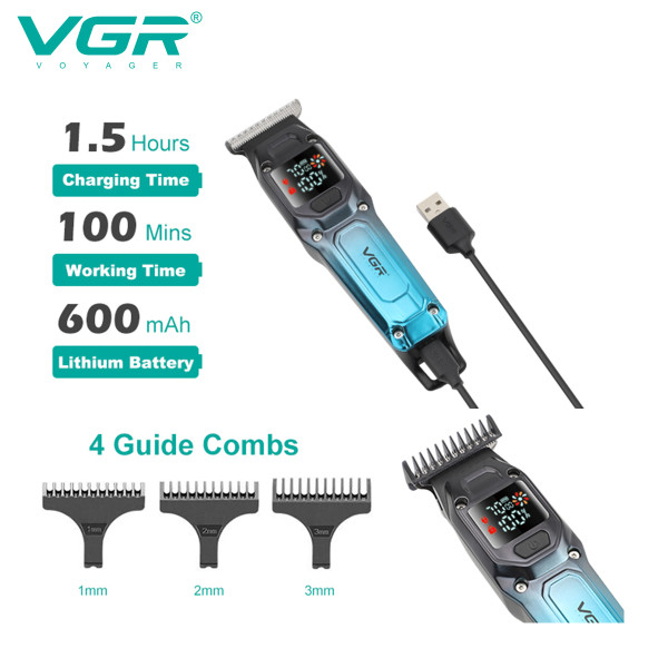 Триммер VGR V-964 BLACK, 7000 RPM, 4 насадки, LED display