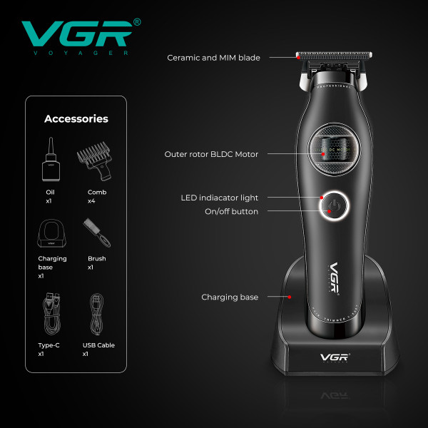 Тример VGR V-880T BLACK EXTERNAL ROTOR MOTOR MIM BLADE 4 Насадки Док-Станція Тример VGR V-880T BLACK EXTERNAL ROTOR MOTOR MIM BLADE 4 Насадки Док-Станція