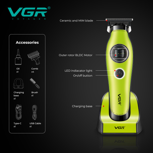 Тример VGR V-880T GREEN EXTERNAL ROTOR MOTOR MIM BLADE 4 Насадки Док-Станція Тример VGR V-880T GREEN EXTERNAL ROTOR MOTOR MIM BLADE 4 Насадки Док-Станція