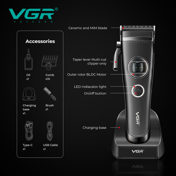 Акумуляторна Машинка Для Стрижки Clipper VGR V-880C BLACK EXTERNAL ROTOR MOTOR MIM BLADE 11 Насадок Док-Станція