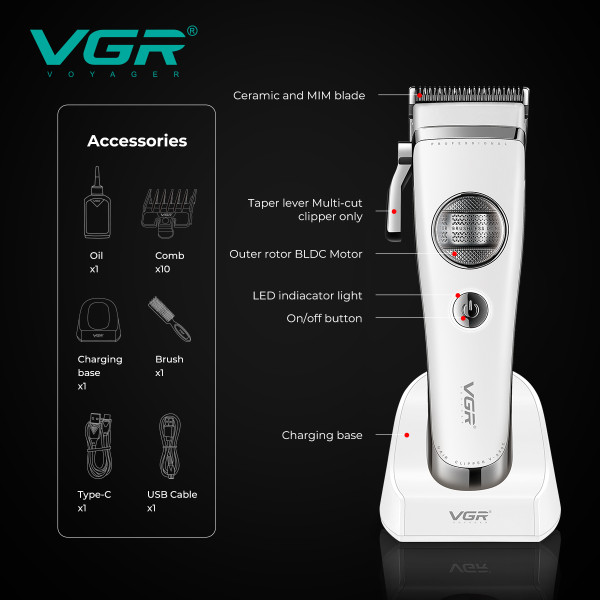 Акумуляторна Машинка Для Стрижки Clipper VGR V-880C WHITE EXTERNAL ROTOR MOTOR MIM BLADE 11 Насадок Док-Станція