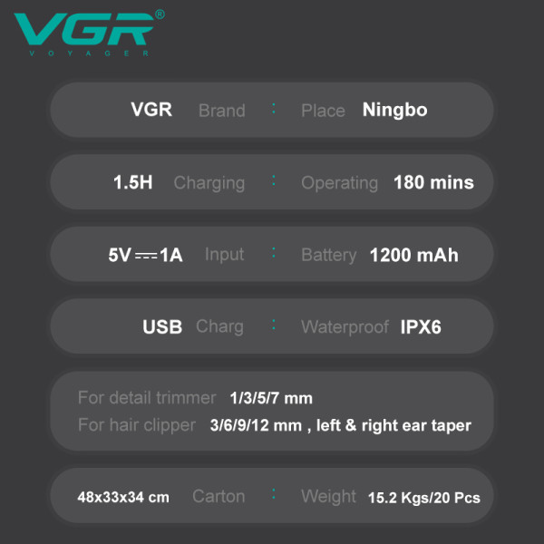 Набір для стриження VGR 8 в 1 V-103, 19 насадок, LED display