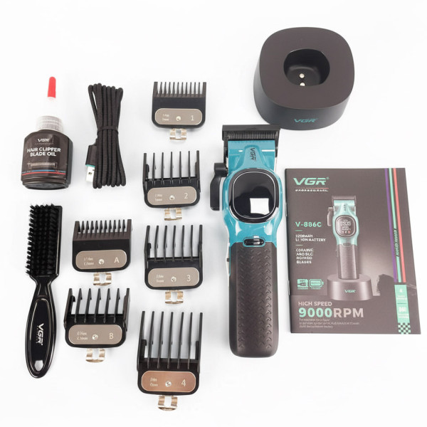 Акумуляторная машинка для стрижки (clipper) VGR V-886C GREEN, LED display, 9000RPM