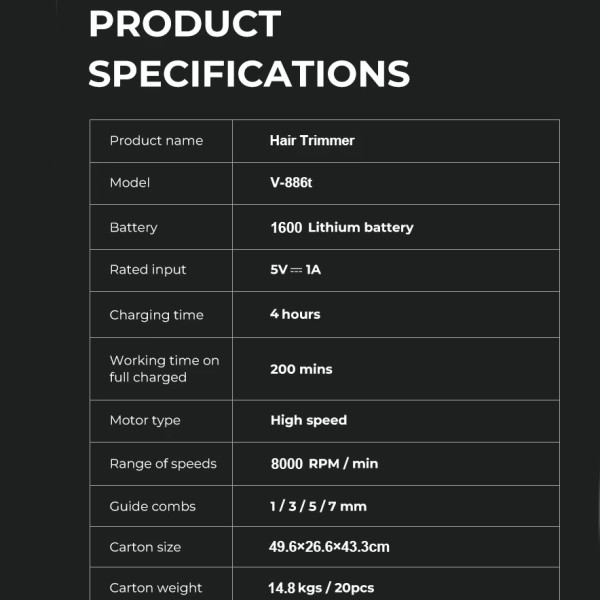 Триммер  VGR V-886T GREEN, 4 насадки, LED display, 8000RPM