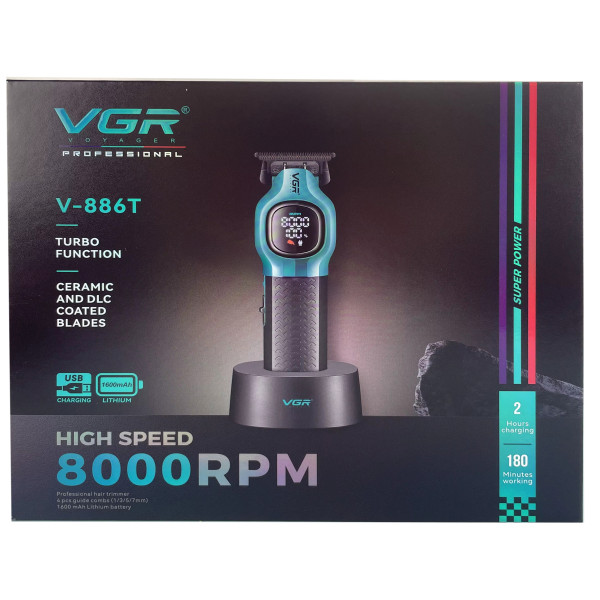 Триммер  VGR V-886T GREEN, 4 насадки, LED display, 8000RPM