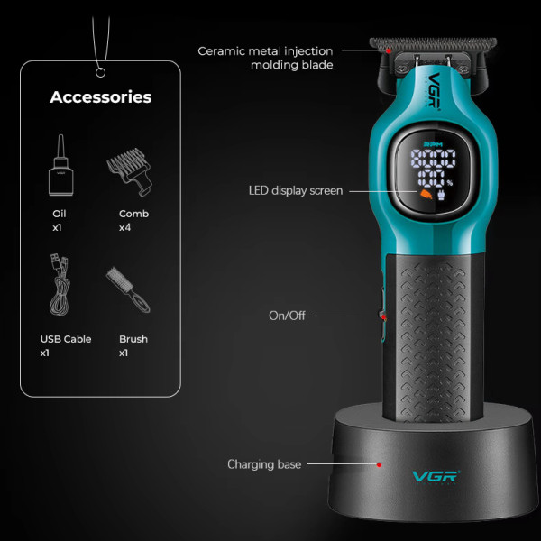 Триммер  VGR V-886T GREEN, 4 насадки, LED display, 8000RPM