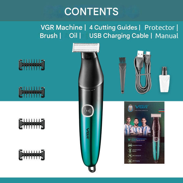 Бритва-триммер для стрижки бороды и усов VGR V-339 GREEN, 4 насадки, IPX7