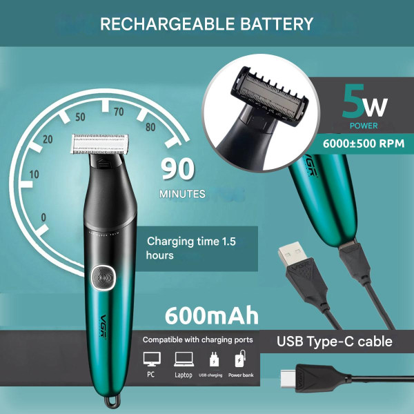 Бритва-триммер для стрижки бороды и усов VGR V-339 GREEN, 4 насадки, IPX7