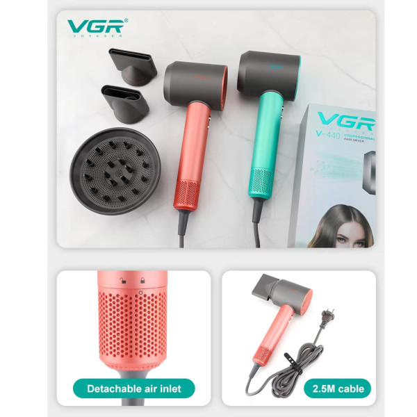Фен профессиональный VGR V-440 GREEN, 3 уровня обдува, 3 уровня температуры, 11000 RPM 3 насадки