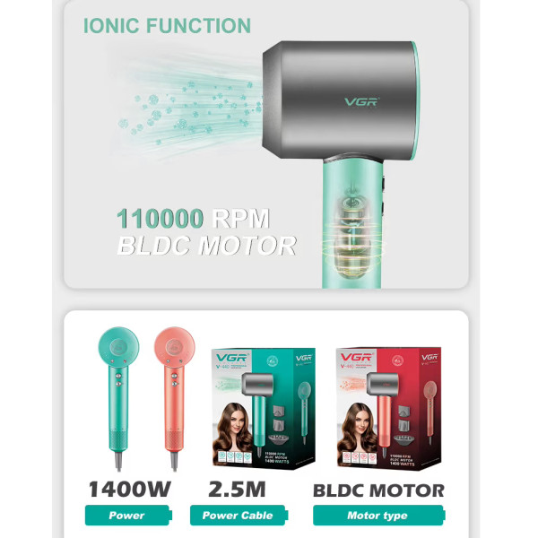 Фен профессиональный VGR V-440 GREEN, 3 уровня обдува, 3 уровня температуры, 11000 RPM 3 насадки